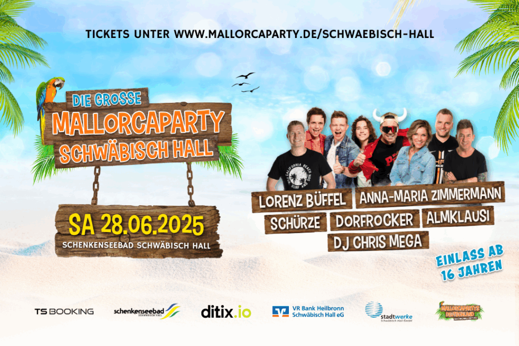 Auf diesem Bild findet man die Werbung zur Mallorcaparty im Schenkenseebad. Abgebildet ist das Datum, die Stars und Logos der Veranstalter